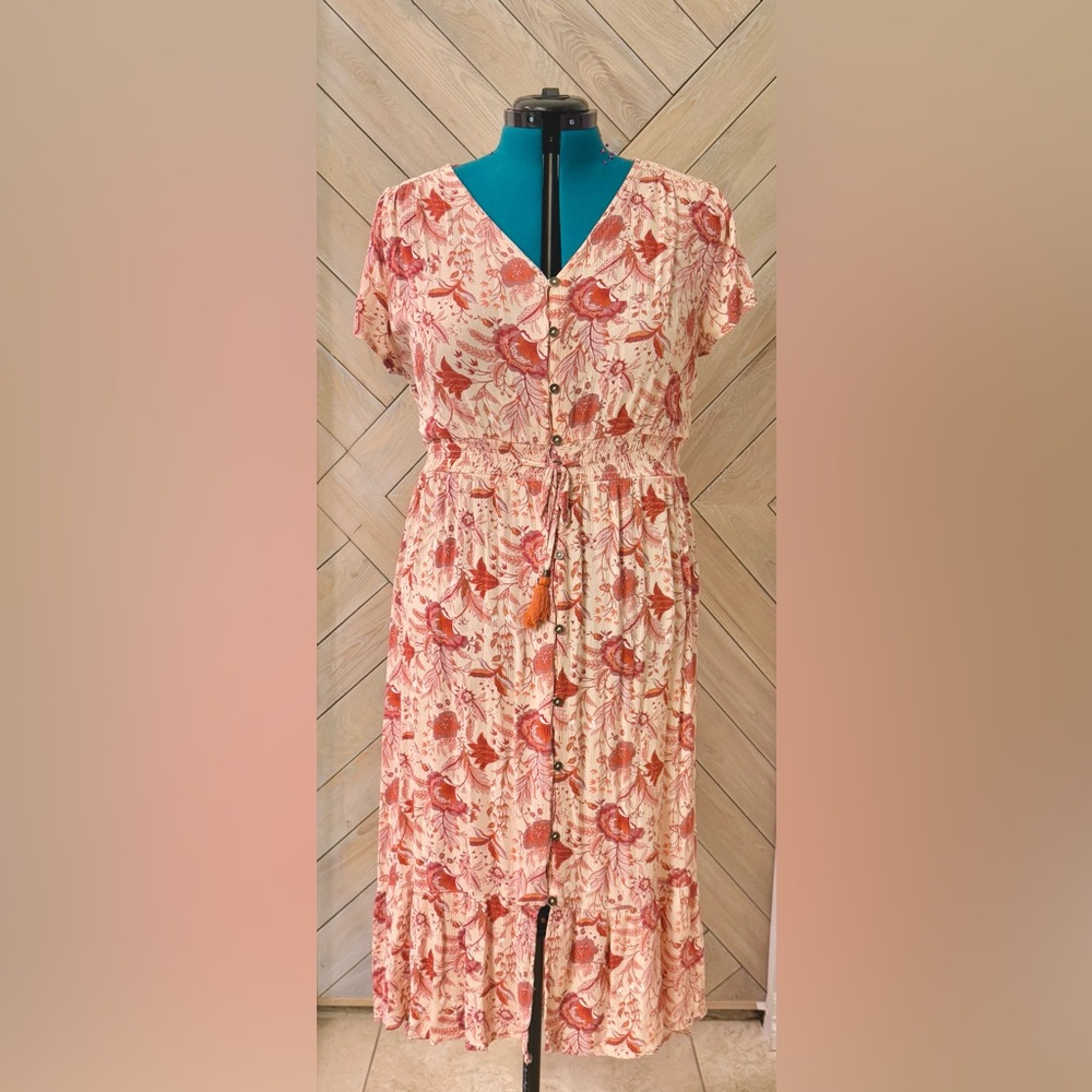Knox Rose | Red and Pink Button Tie Front Midi Dress | XXL